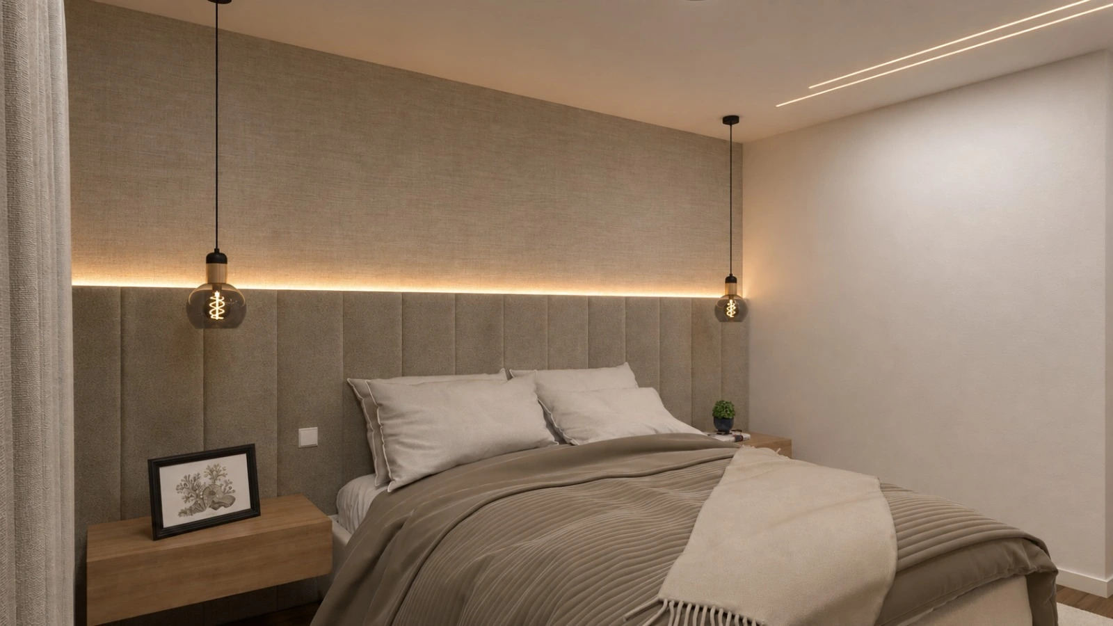 Cabeceira e iluminação do quarto do apartamento
