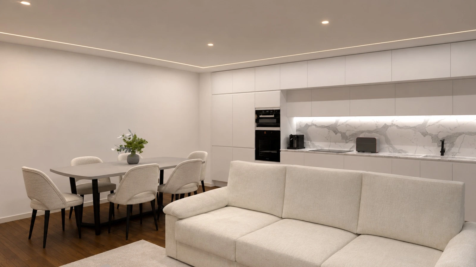 Organização da sala e zona de refeições do apartamento