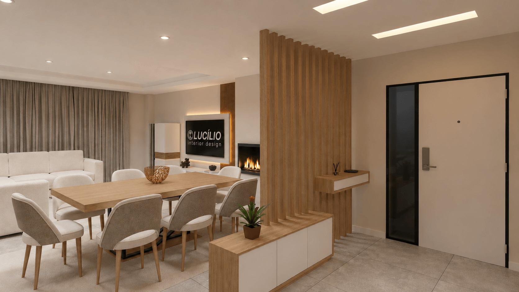 Sala Seixal CC — separação em ripado de madeira