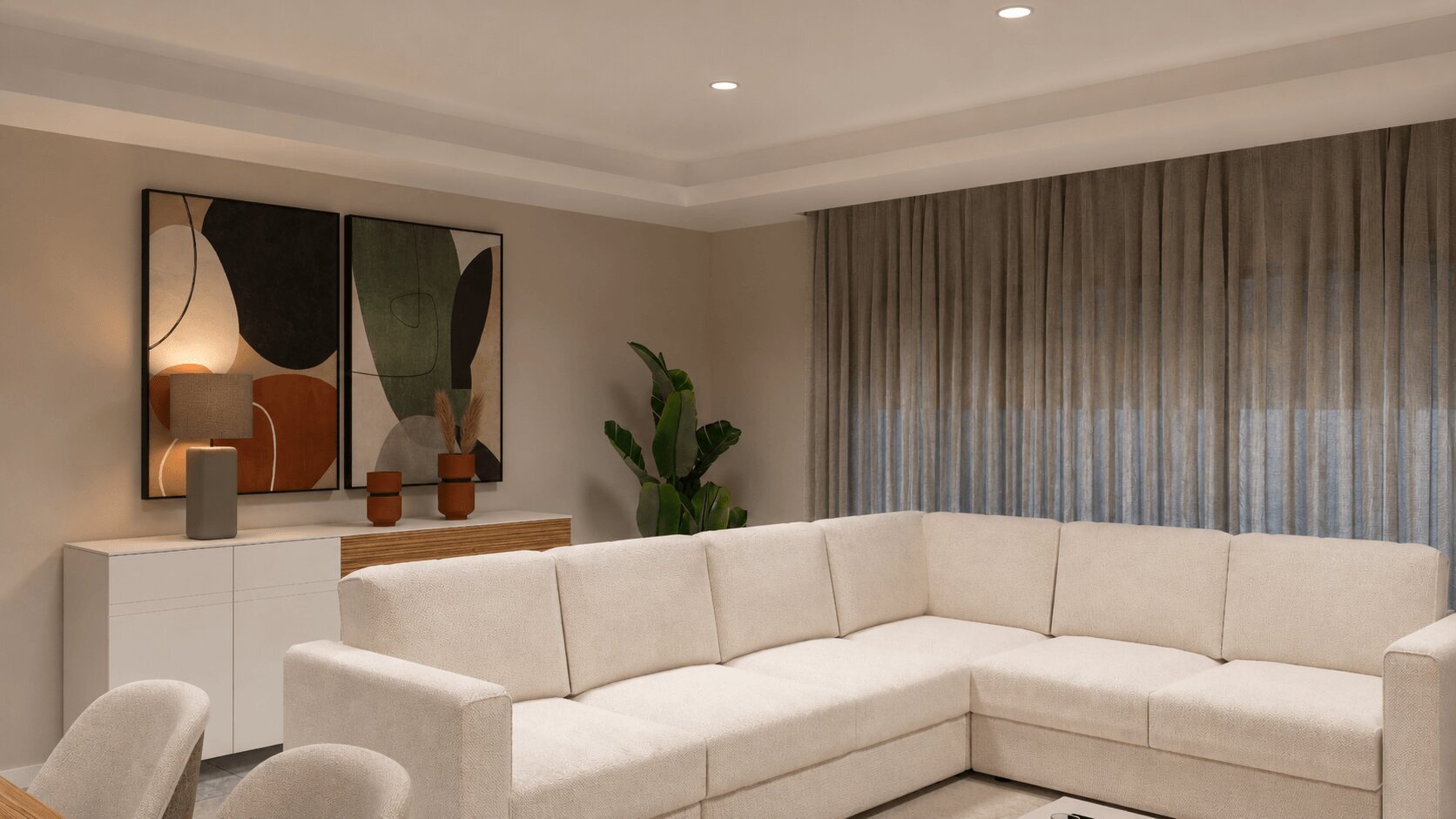 Sala Seixal CC — sofá, quadros e aparador