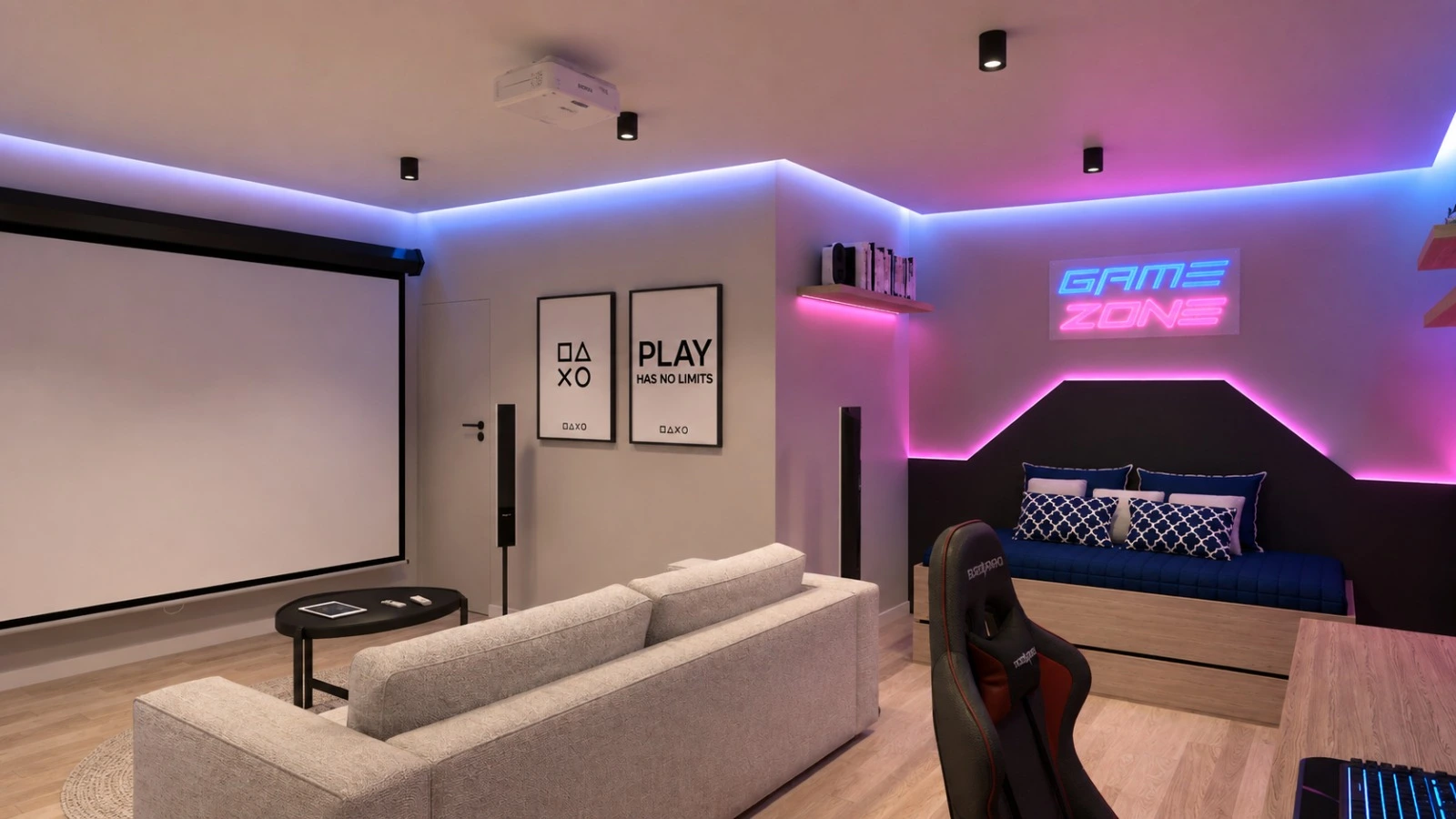 Zona de cinema integrada no quarto gaming